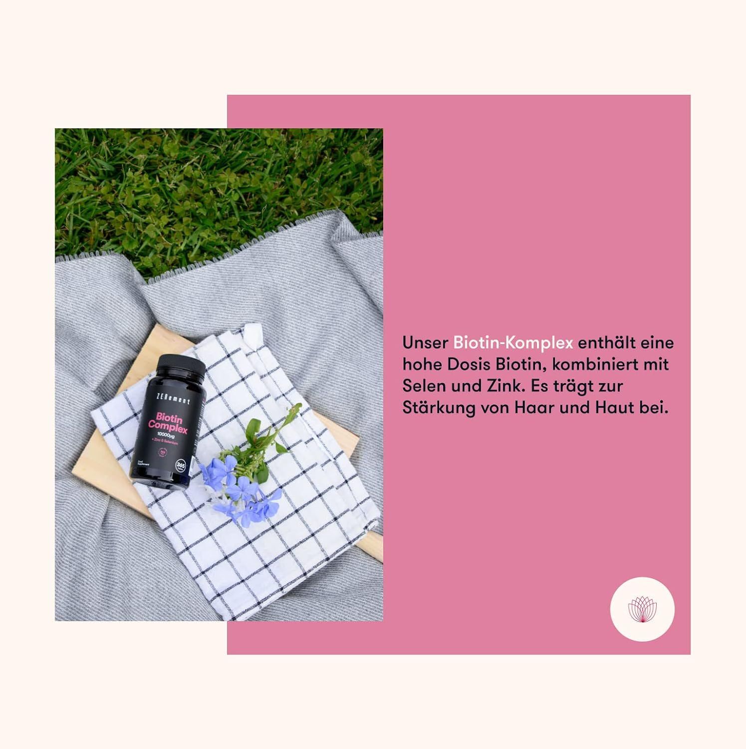 Flacone di Biotin Complex su tessuto a scacchi e tavola di legno. Testo: Contiene biotina, combinata con selenio e zinco. Per la salute dei capelli e della pelle.