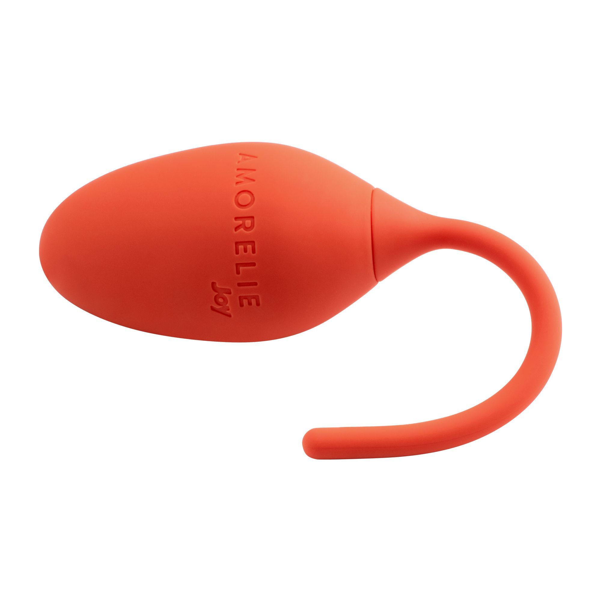 Cono arancione con scritta AMORELIE Joy. Con stelo curvo. Su sfondo bianco.