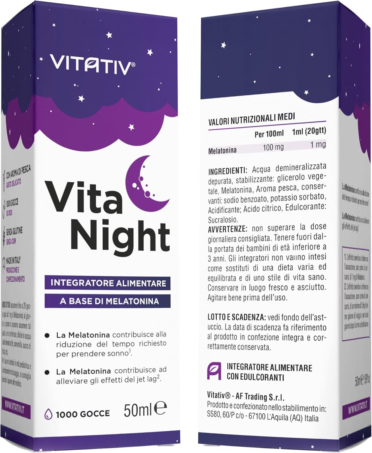 VITATIV® VITANIGHT Melatonina in Gocce - 50 ml (1000 Gocce) Integratore per il Sonno