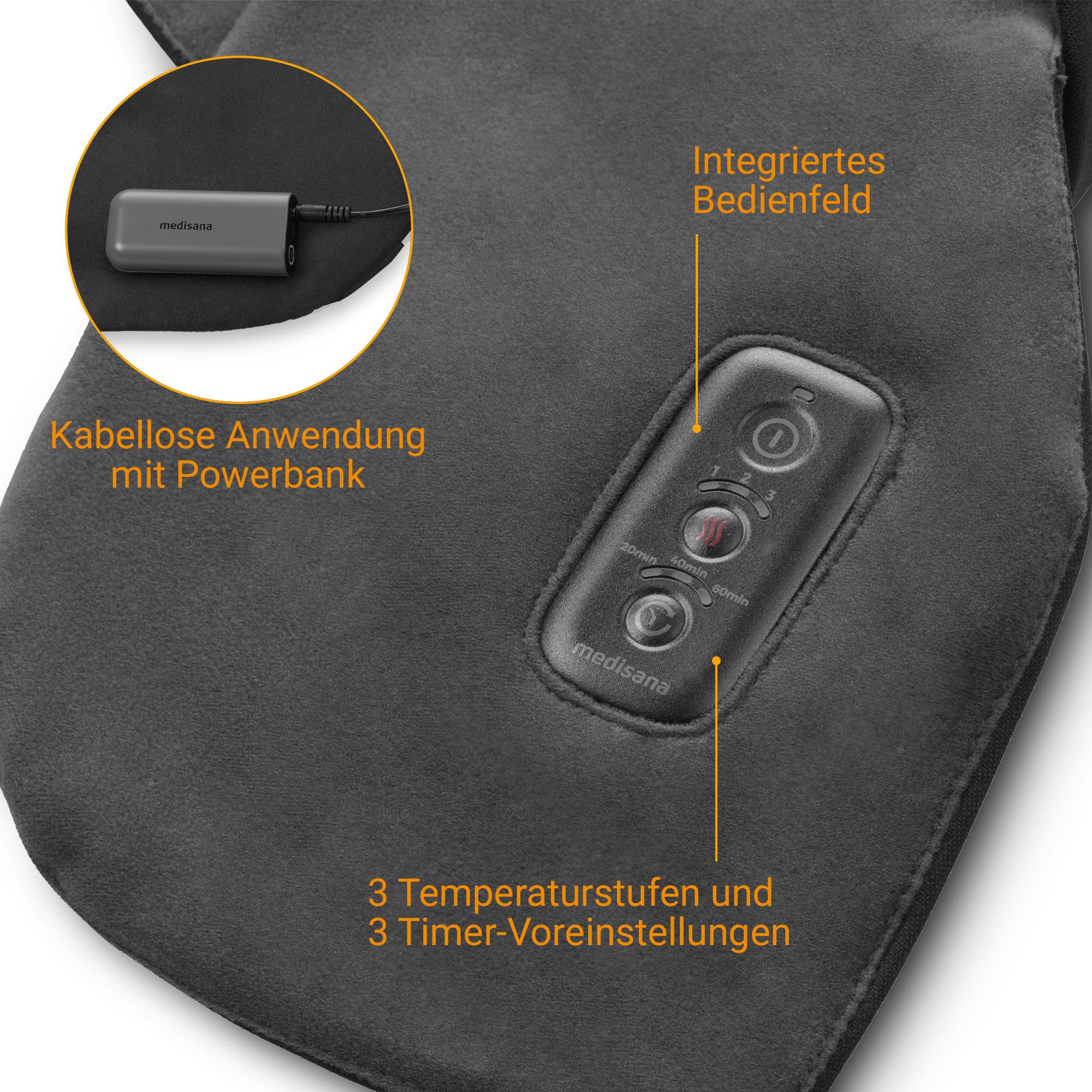 Mantella termica nera con power bank, cavo e pannello di controllo integrato. 3 livelli di temperatura.