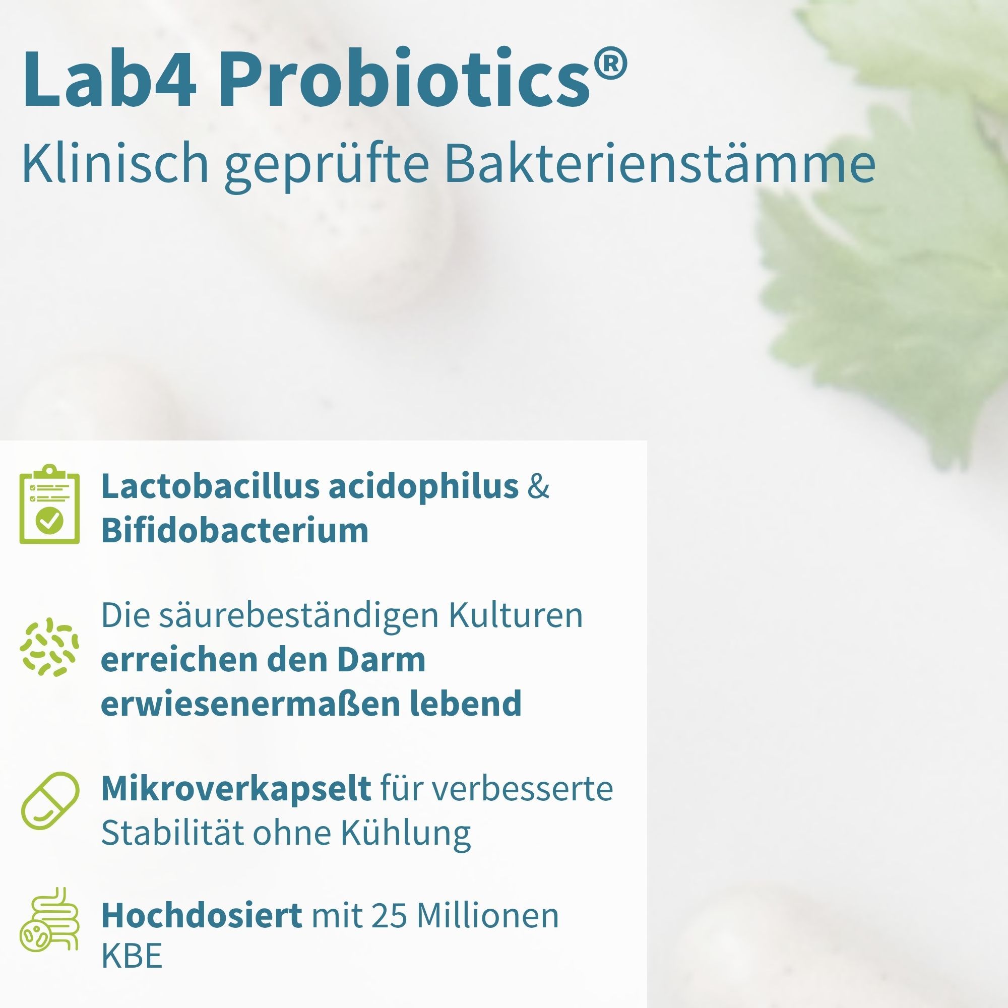Probiotici Lab4: Lactobacillus acidophilus & Bifidobacterium, resistenti all'acido, microincapsulati.