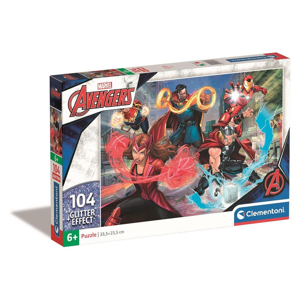 Scatola puzzle Marvel Avengers. Contiene 104 pezzi. Stampa: logo Avengers, Supercolor Puzzle, effetto glitter. Dai 6 anni. Dimensioni: 33,5 x 23,5 cm.