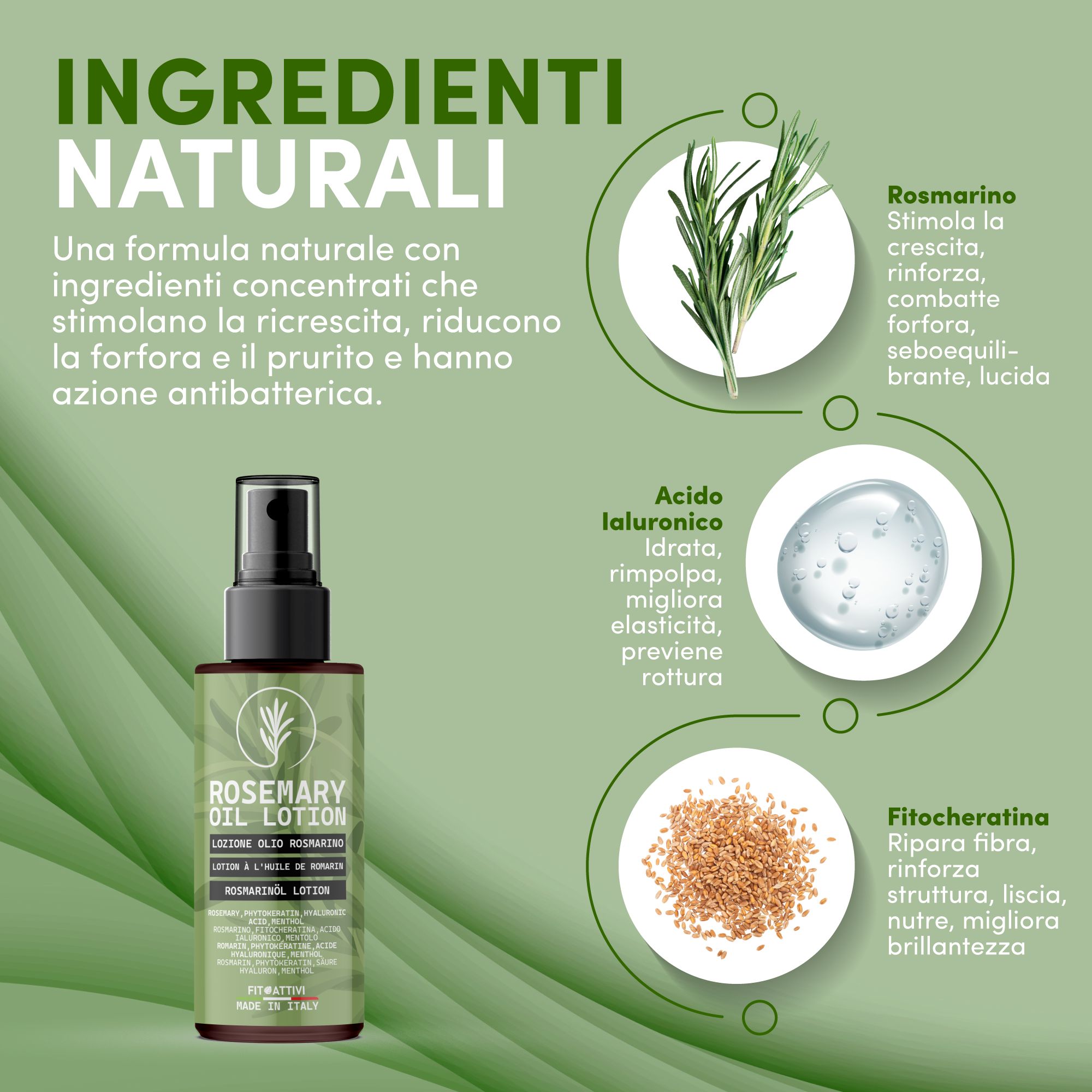 Immagine del prodotto. Flacone di lozione all'olio di rosmarino. Ingredienti: rosmarino, acido ialuronico, fitocheratina. Testo: Ingredienti naturali, formula concentrata.