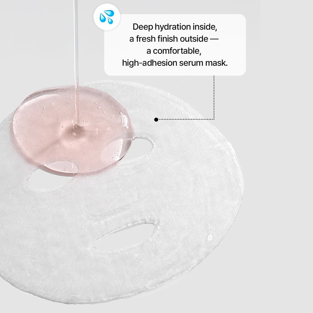 Una maschera in tessuto bianca con siero che gocciola, con testo sull'idratazione e l'adesione.