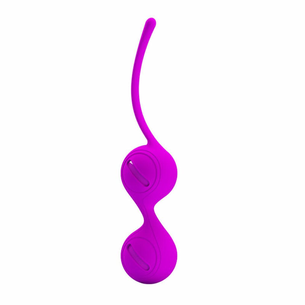 Due sfere ovali viola collegate da un'ansa. Ogni sfera ha una superficie concava con un incavo.