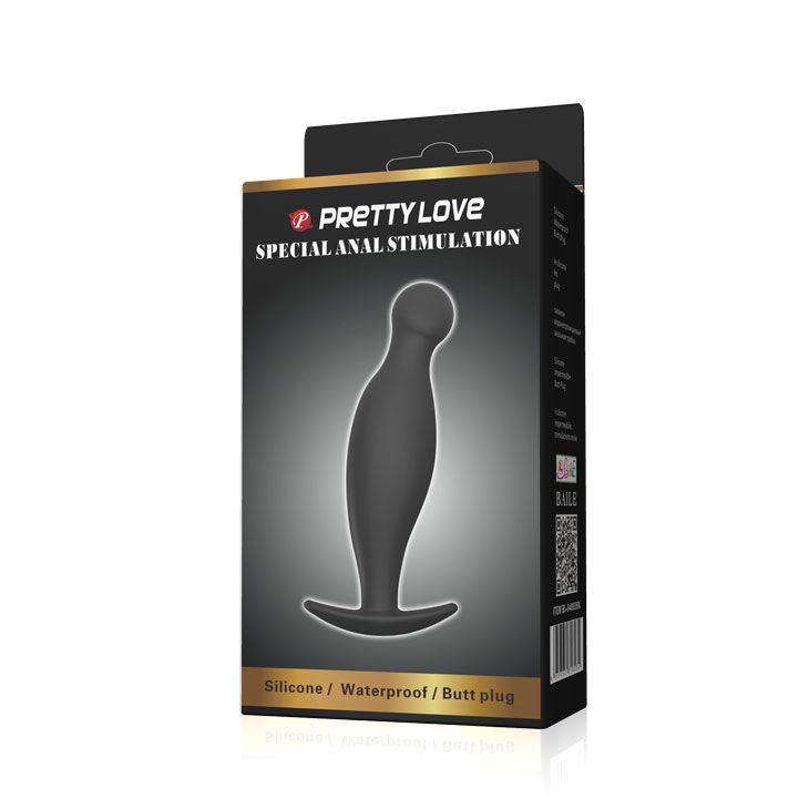 Confezione con plug anale nero. Testo: Pretty Love, Special Anal Stimulation.