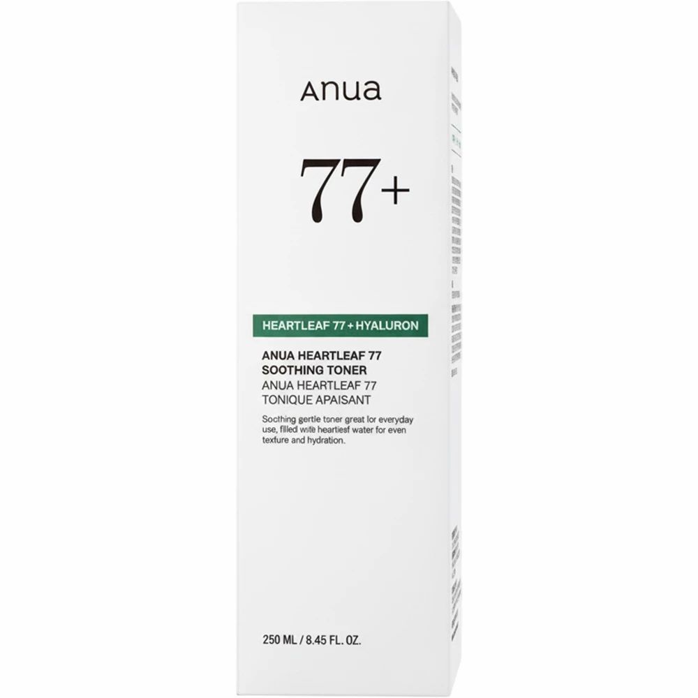 Scatola del tonico con "Anua 77+" e informazioni sul prodotto.