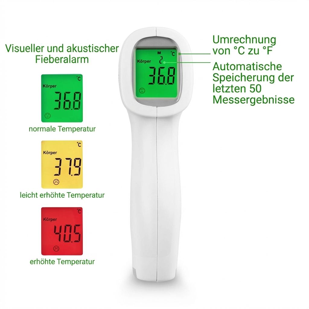Termometro senza contatto con display che mostra 36,8°C. A sinistra: indicatori di allarme febbre.