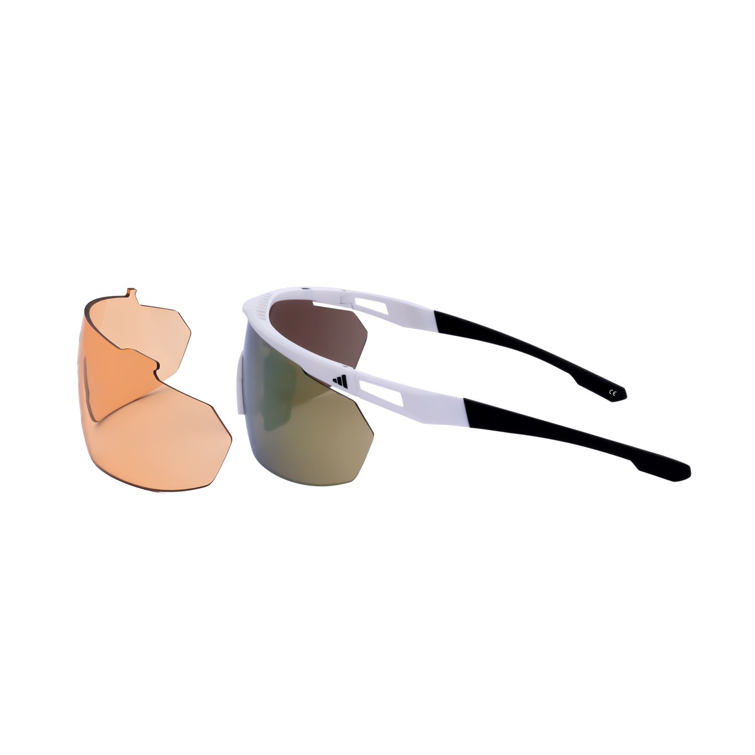 Occhiali da sole sportivi bianchi con aste nere e lenti a specchio. Include lente di ricambio arancione.