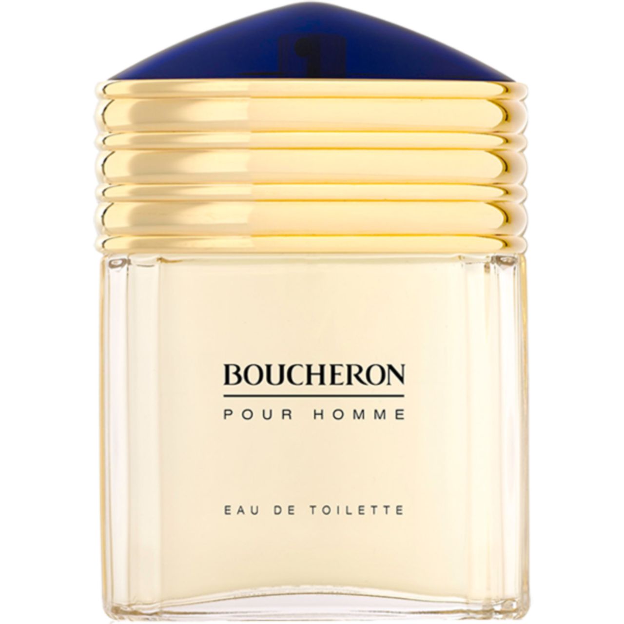 Flacone con tappo dorato e cappuccio blu. Scritta: Boucheron Pour Homme Eau de Toilette.
