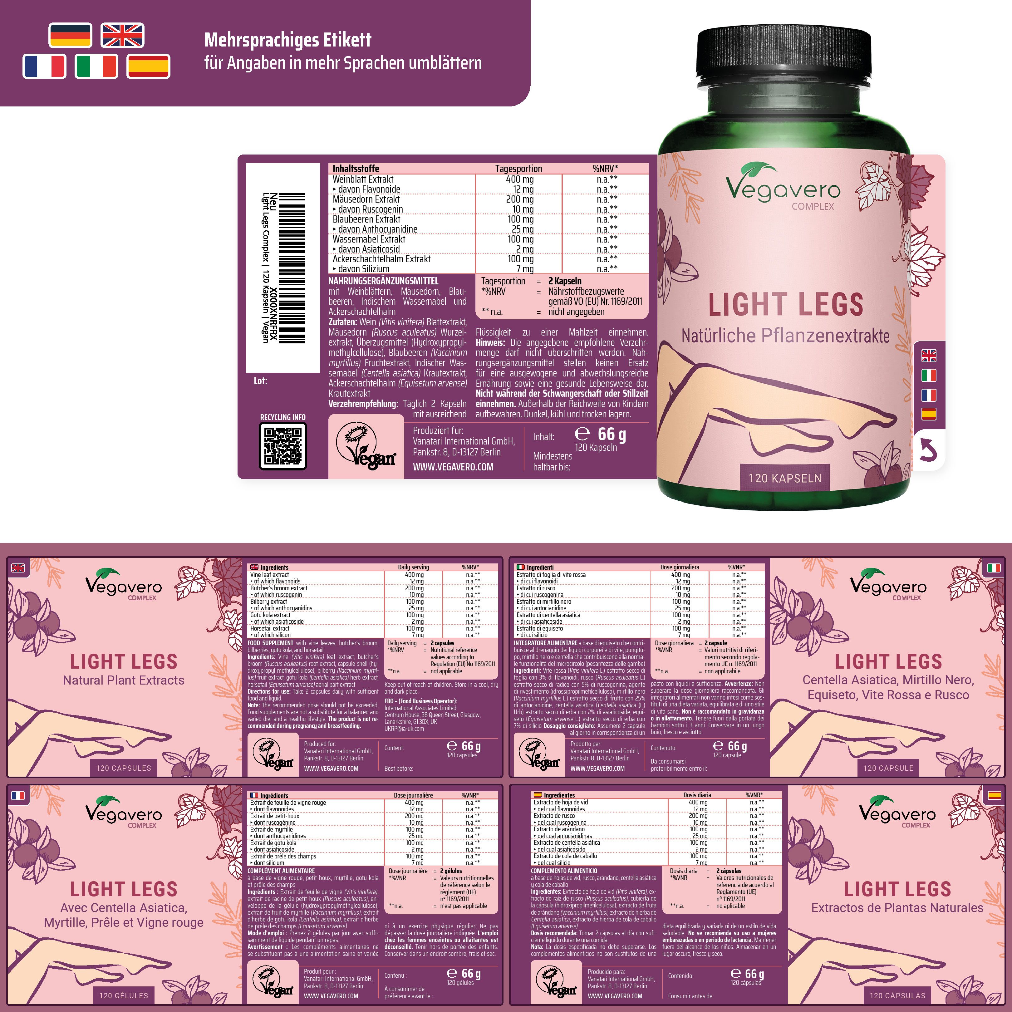Confezione del prodotto con flacone ed etichette. Etichette multilingue con ingredienti e informazioni. Logo vegano.