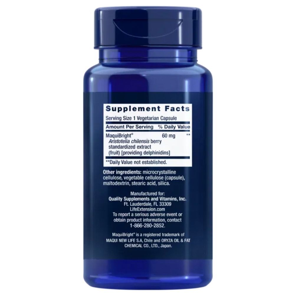 Retro di un contenitore di capsule blu scuro con informazioni nutrizionali per Life Extension Tear Support con MaquiBright®.