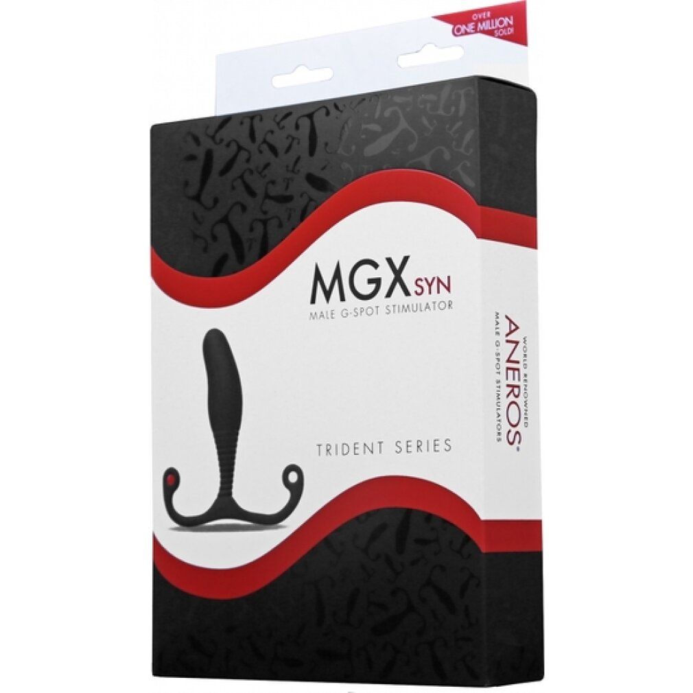 Stimolatore nero in confezione. Scritta: MGX SYN Male G-Spot Stimulator. Trident Series. Aneros.