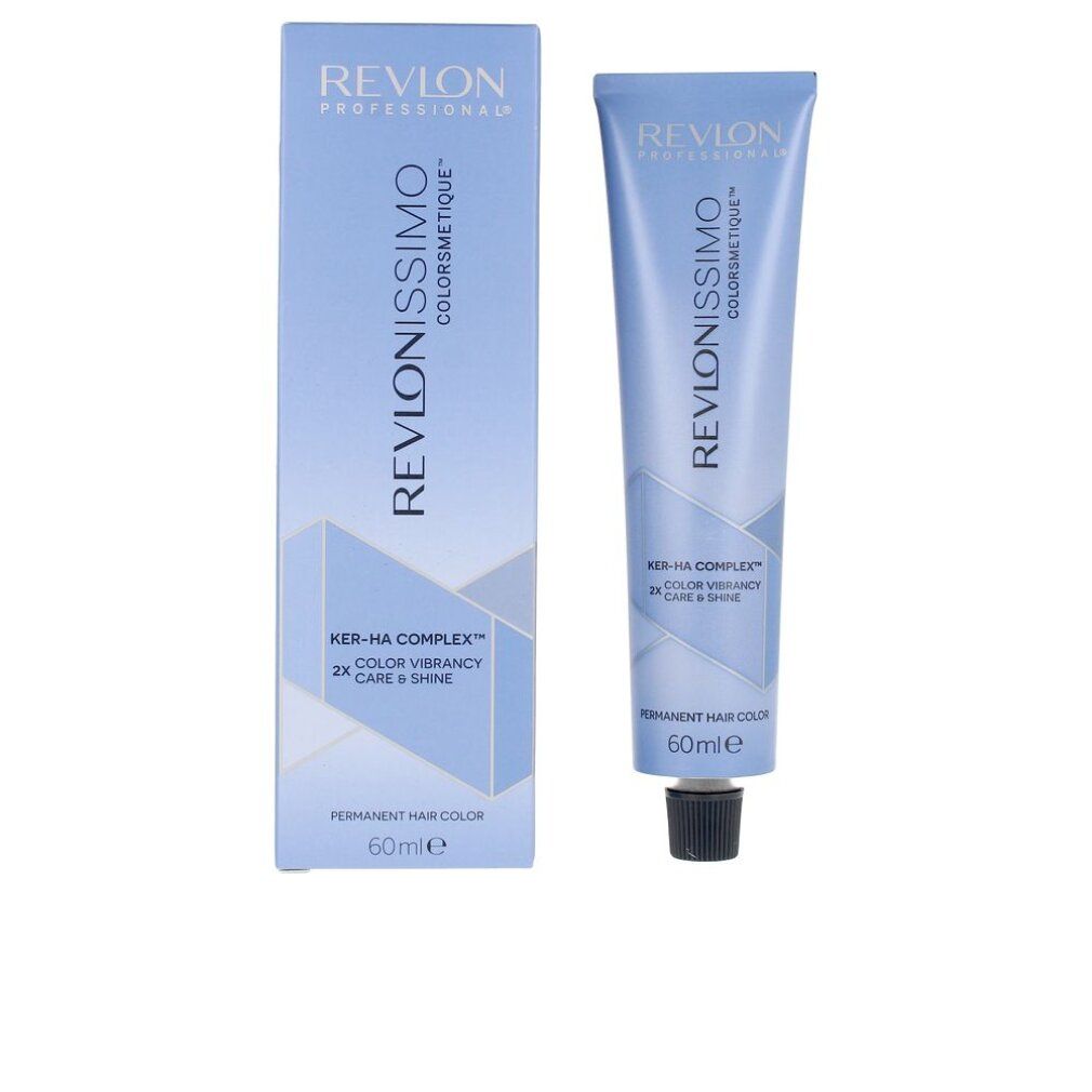 Tubo e scatola di colore per capelli. Revlonissimo Colorsmetique. Ker-Ha Complex. 2x Color Vibrancy Care & Shine. Permanent Hair Color. 60ml.