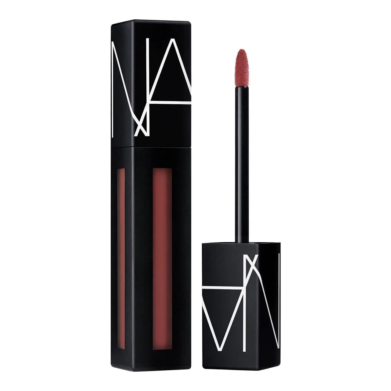 Rossetto nero con pigmento marrone. Applicatore visibile. Logo NARS sul contenitore.
