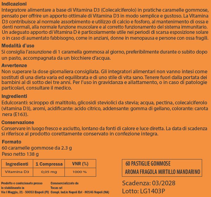 Informazioni prodotto su sfondo arancione. Testo in italiano. Dettagli ingredienti e dosaggio.