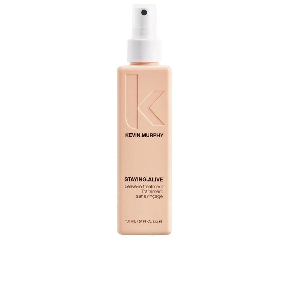 Flacone spray rettangolare beige con erogatore bianco. Scritta: Kevin Murphy, STAYING.ALIVE, Leave-in treatment, sans rinçage.