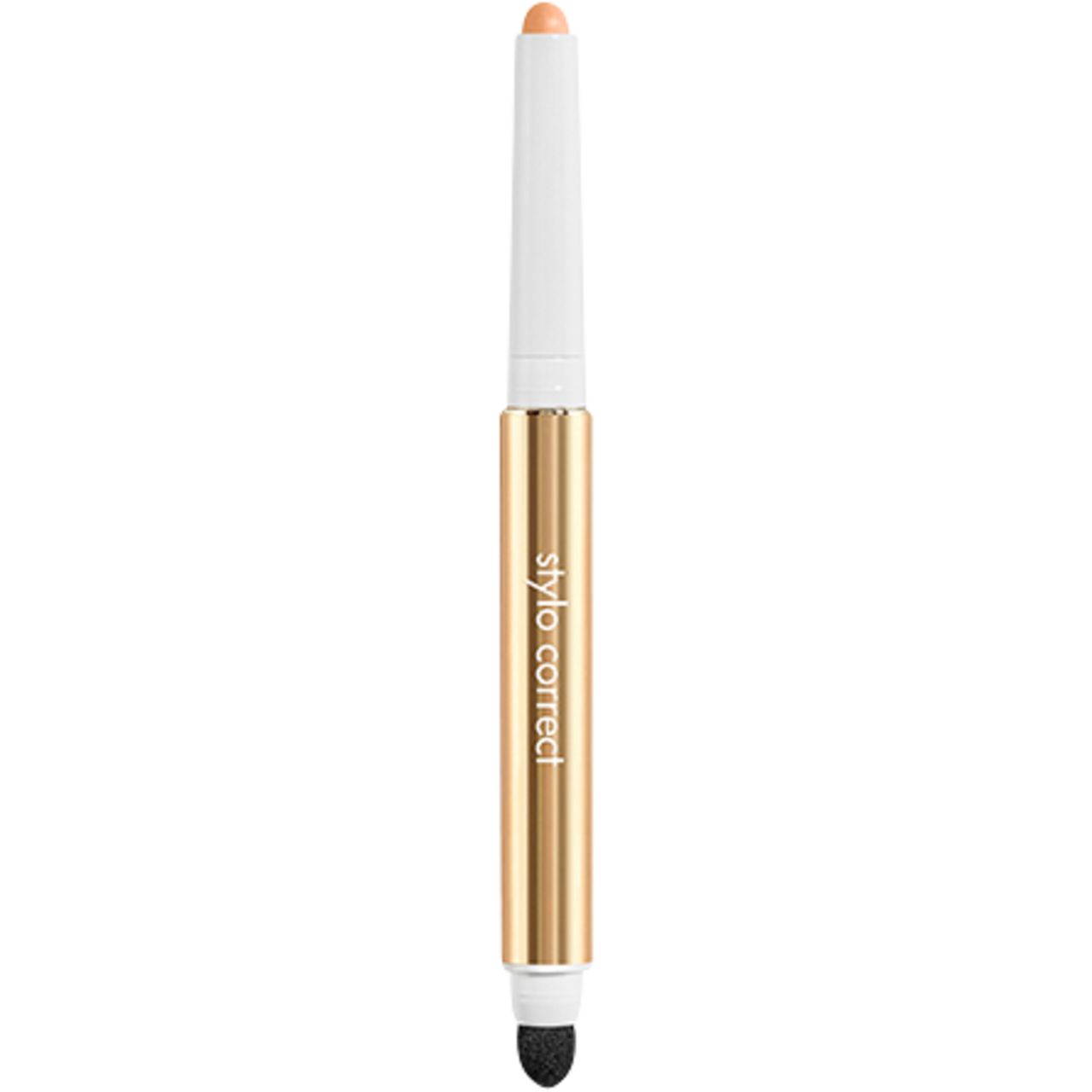 Correttore a penna dorato e bianco, con applicatore in spugna. Scritta "stylo correct".