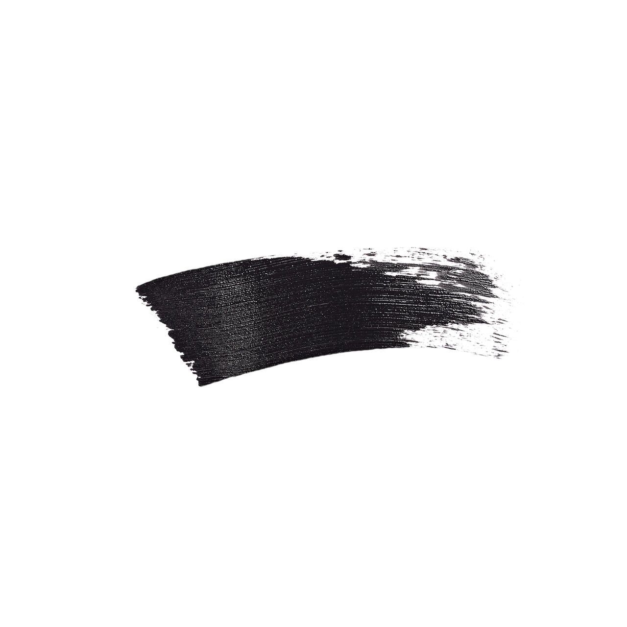 Tratto di mascara nero su sfondo bianco. Consistenza visibile.