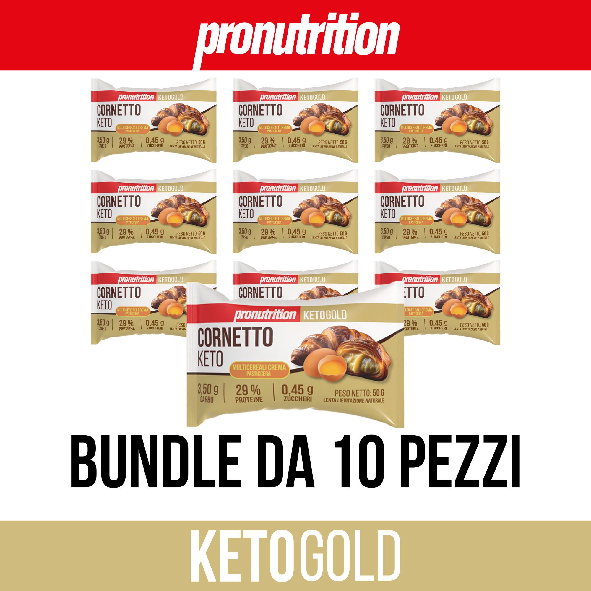 Confezione da 10 Cornetto Keto. Scritte: Pronutrition, Cornetto Keto, Keto Gold. Contiene informazioni nutrizionali.