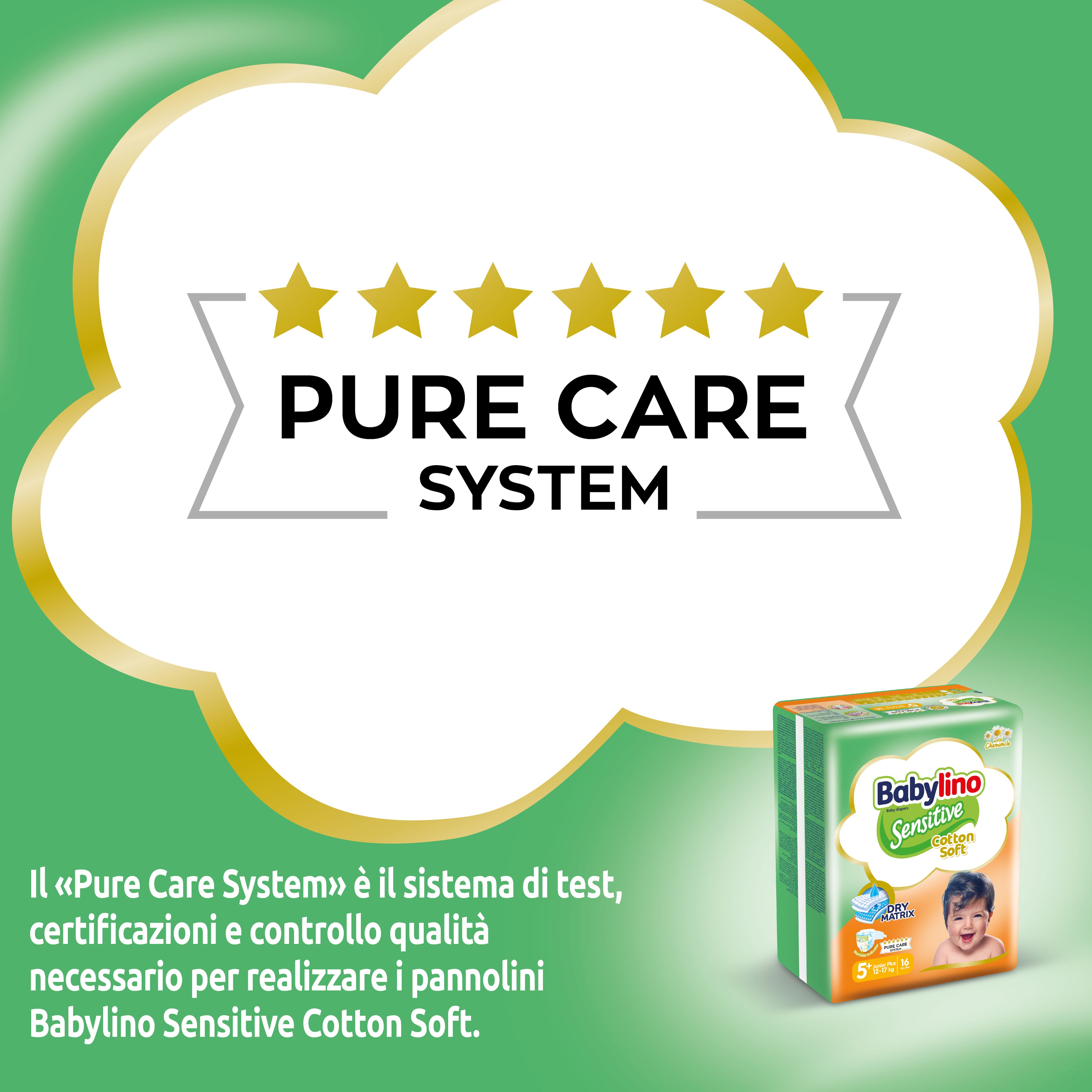 Confezione di pannolini Babylino Sensitive. Logo Pure Care System. Confezione di pannolini sullo sfondo.