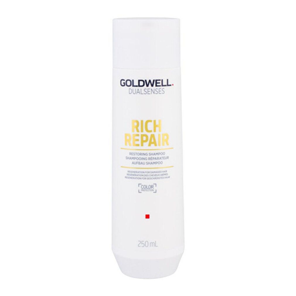 Flacone di shampoo bianco. Scritta: GOLDWELL, DUALSENSES, RICH REPAIR. Testo: Restoring Shampoo. 250ml.