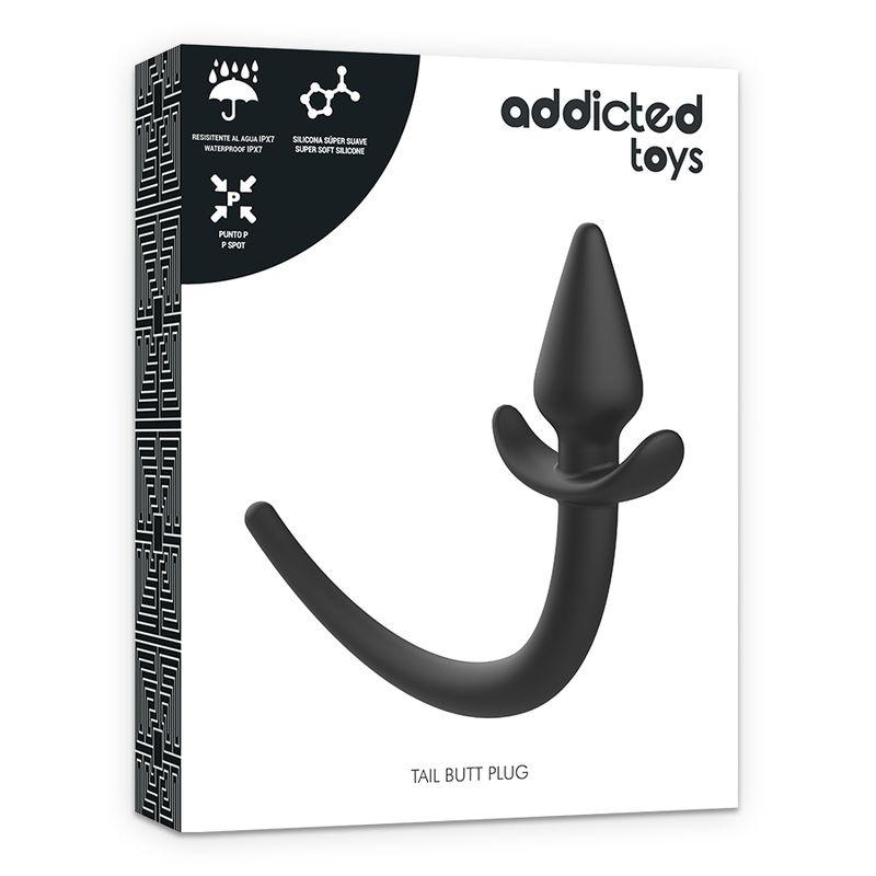 Confezione con plug anale nero. Scritte: Addicted Toys, Tail Butt Plug, icone impermeabile e silicone.
