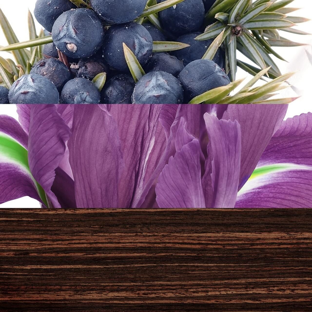 Primo piano di bacche di ginepro, fiori di iris e venature del legno.