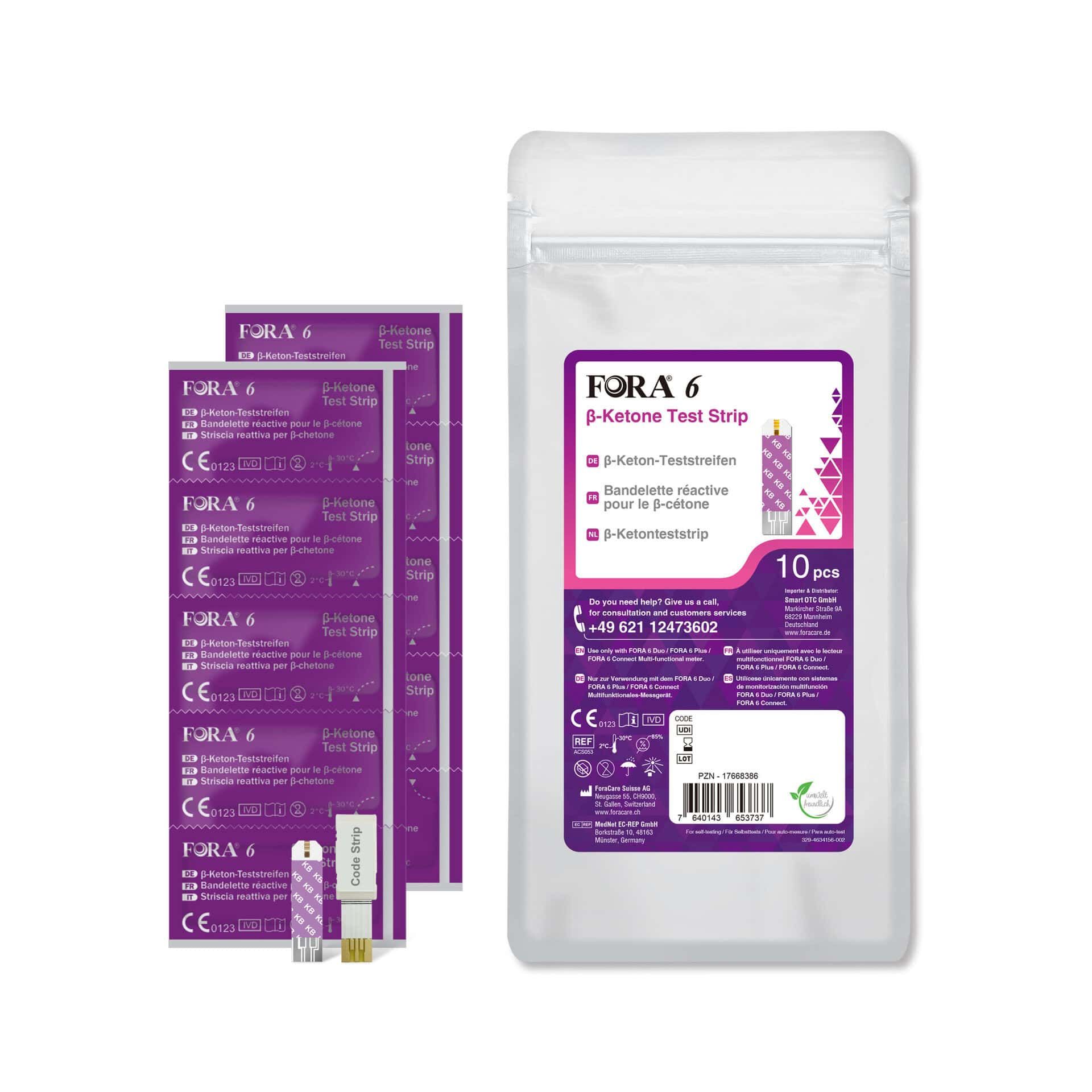 Confezione FORA 6 β-Ketone Test Strip con 10 strisce e tre confezioni singole.