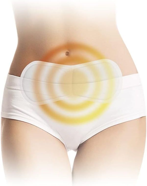 Illustrazione di una persona con un cerotto riscaldante sull'addome. Cerotto bianco, con cerchi di calore gialli. Nessun altro dettaglio.