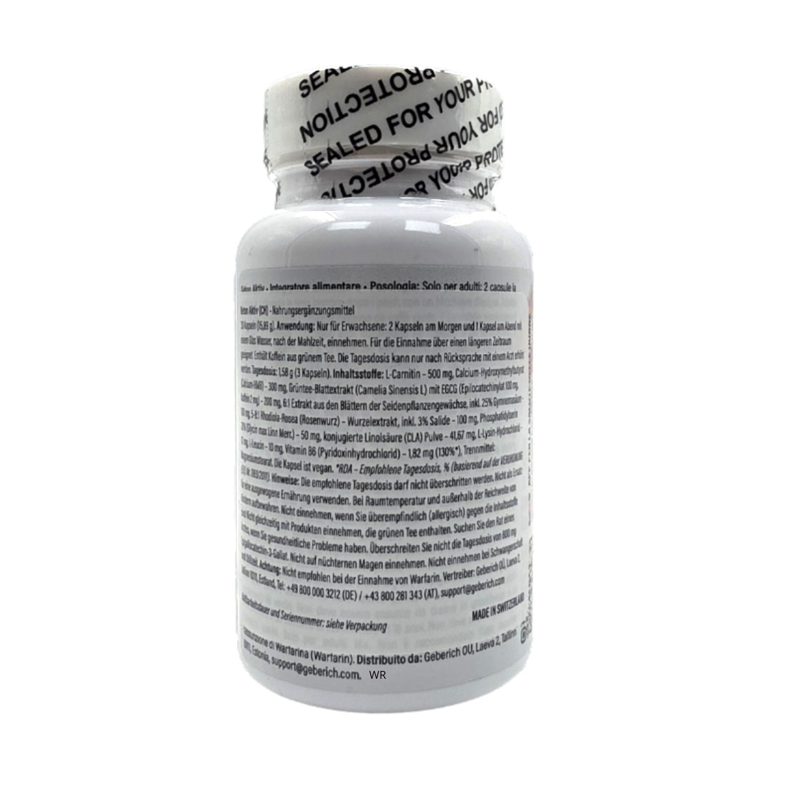 Flacone bianco con etichetta. Testo: "Integratore alimentare". Informazioni e ingredienti. Sigillo "SEALED FOR YOUR PROTECTION".
