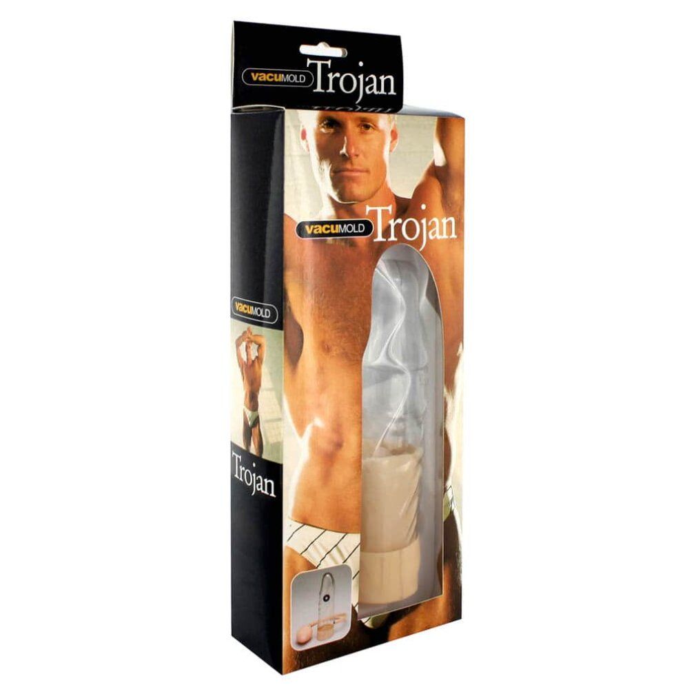 Pompa per pene "Trojan" in confezione. Corpo trasparente, base arancione. Uomo sulla confezione.