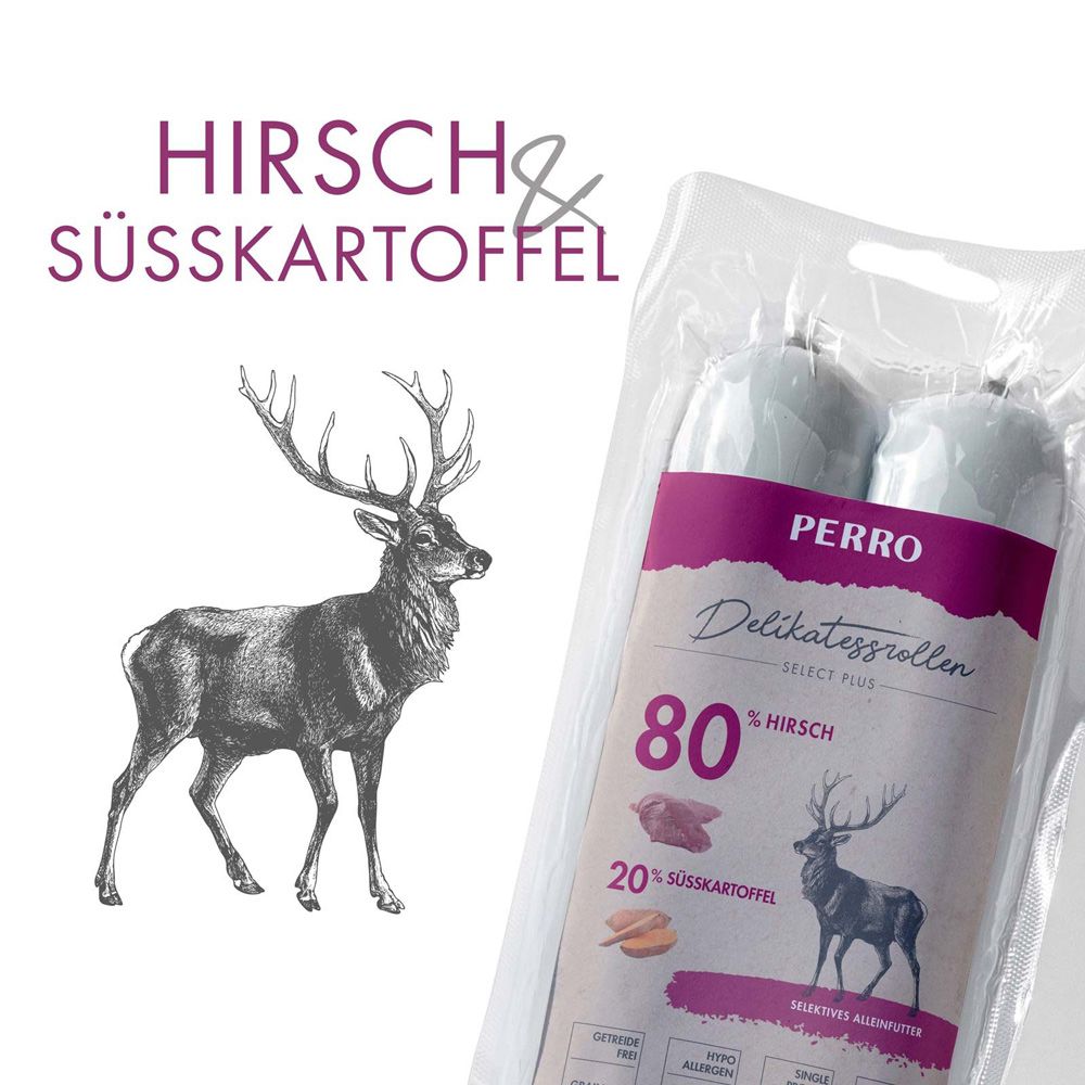 Confezione con due rotoli. Stampa: PERRO Delikatessrollen, cervo & patata dolce, 80% cervo.