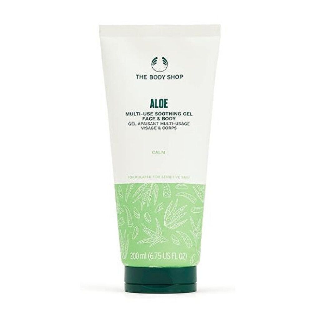 Tubo di gel lenitivo multiuso all'aloe vera. Bianco, verde. Scritta: Aloe Multi-Use Soothing Gel. Viso e corpo. 200 ml.