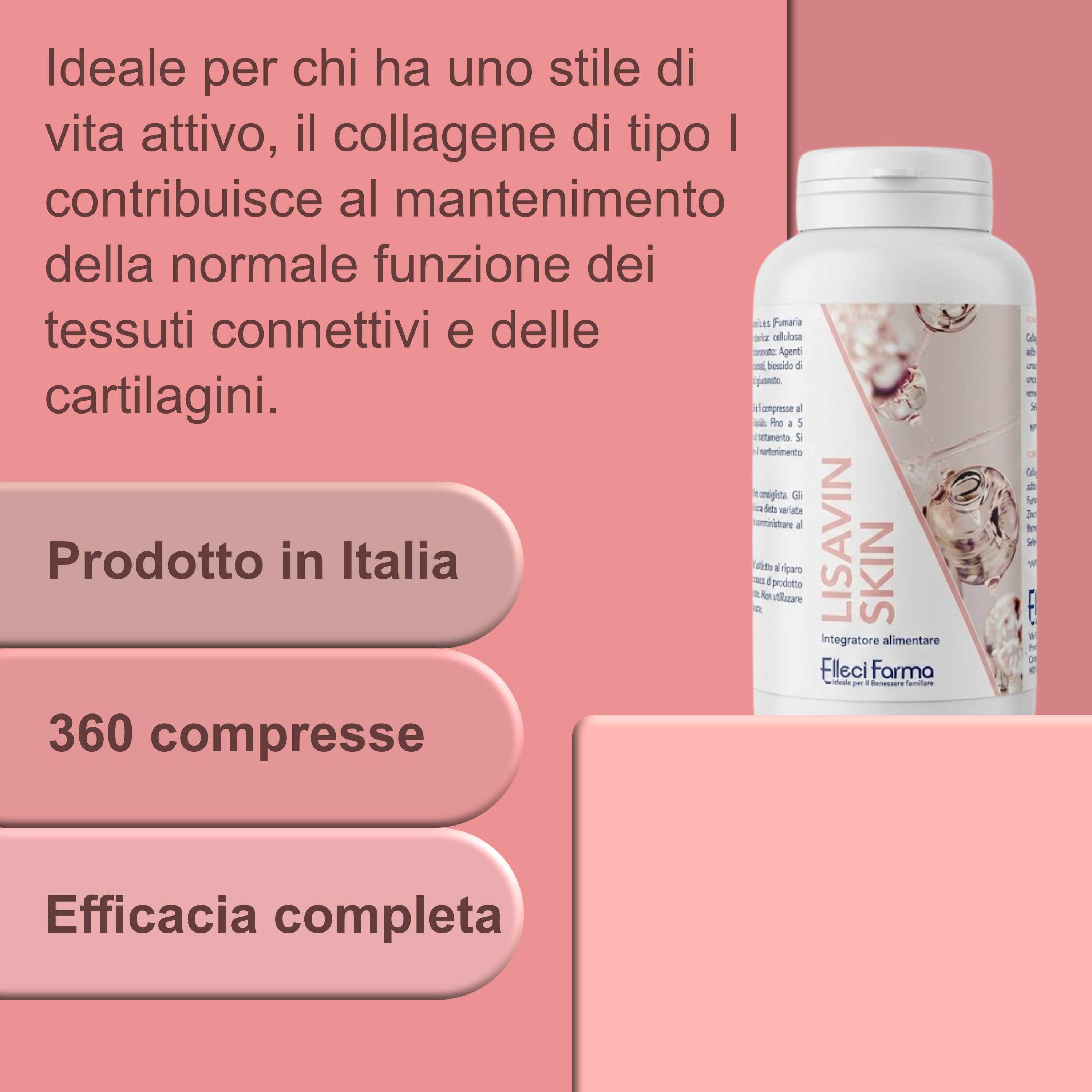 Flacone Lisavin Skin. Testo: Prodotto in Italia. 360 compresse. Efficacia completa.