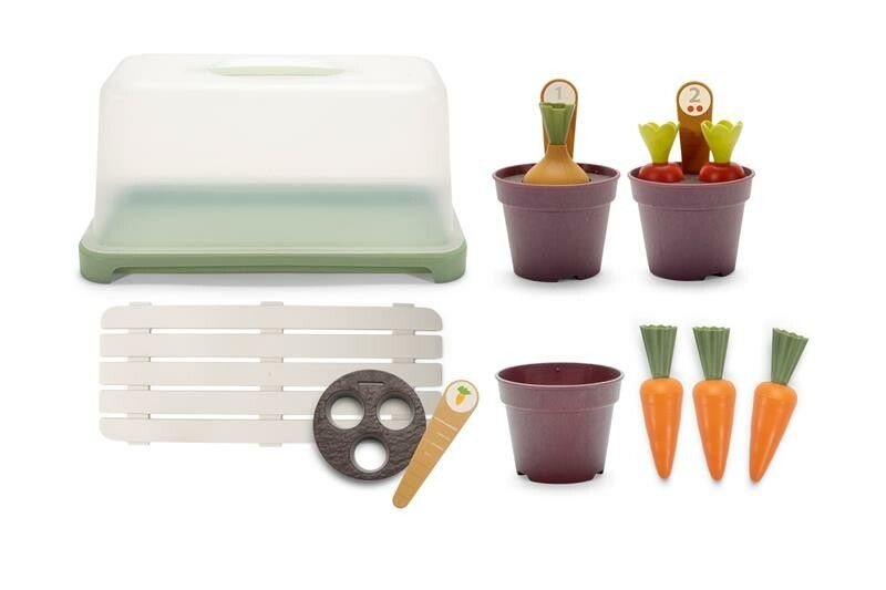 Mini serra da giardino con vasi, verdure, vassoio e coperchio. Carote, ravanelli e cipolle inclusi. Plastica.