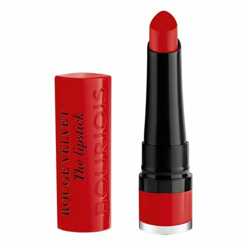 Rossetto rosso con cappuccio aperto. Stelo nero. Marchio Bourjois. Astuccio rosso.