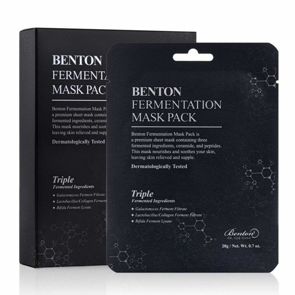 Benton Fermentation Mask Pack, confezione singola e scatola di cartone, entrambe con informazioni sul prodotto.