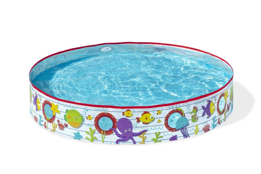 Piscina rotonda per bambini con motivo sottomarino. Bordo rosso, acqua blu. Decorazioni con pesci, polpi e stelle marine.