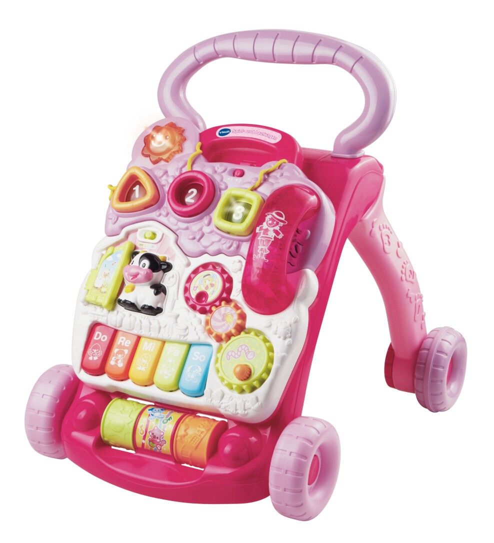 Carrello primi passi rosa Vtech con maniglia, tasti, cornetta e ruote. Elementi colorati.