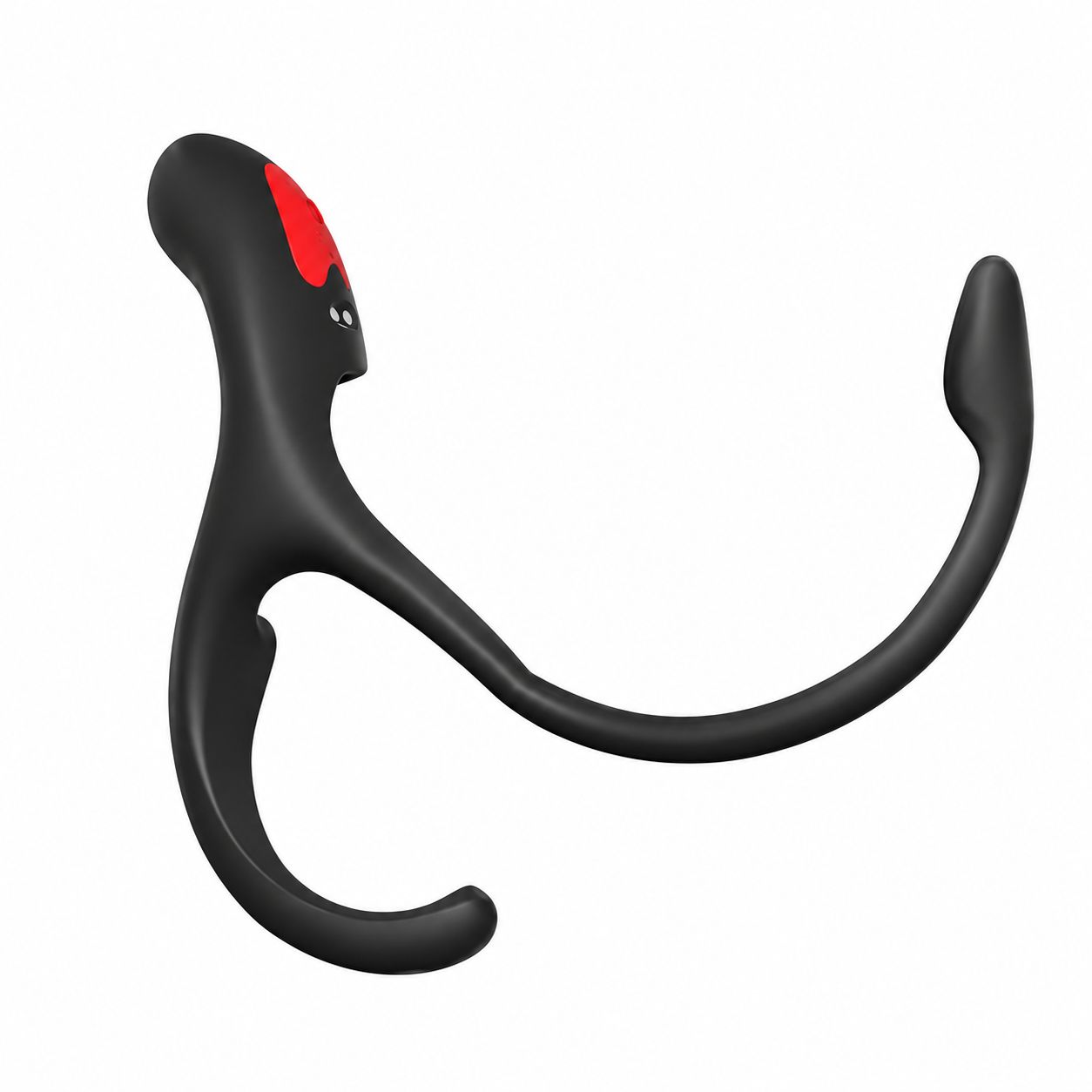 Dispositivo nero ergonomico con accento rosso e stelo curvo.