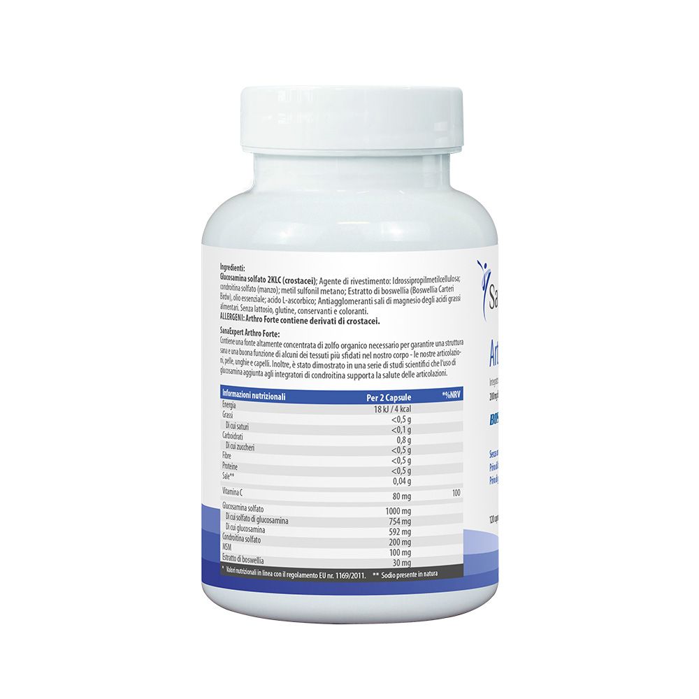 Retro del flacone bianco SanaExpert Arthro Forte. Testo con ingredienti e informazioni nutrizionali.