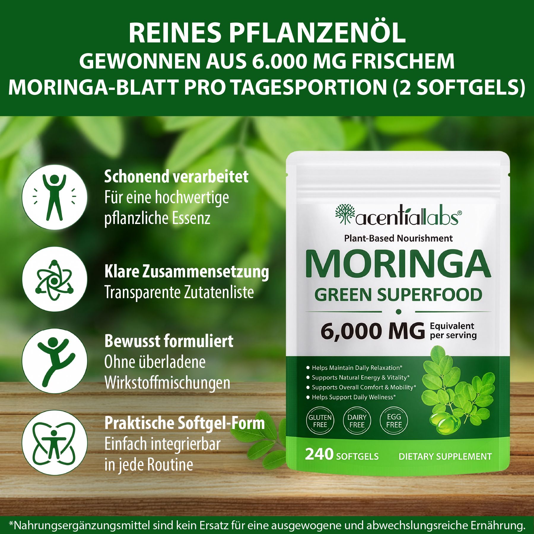 Busta bianca con softgel. Testo: Olio vegetale puro, 6.000 mg di foglia di Moringa per porzione giornaliera. Testo: 240 softgel.