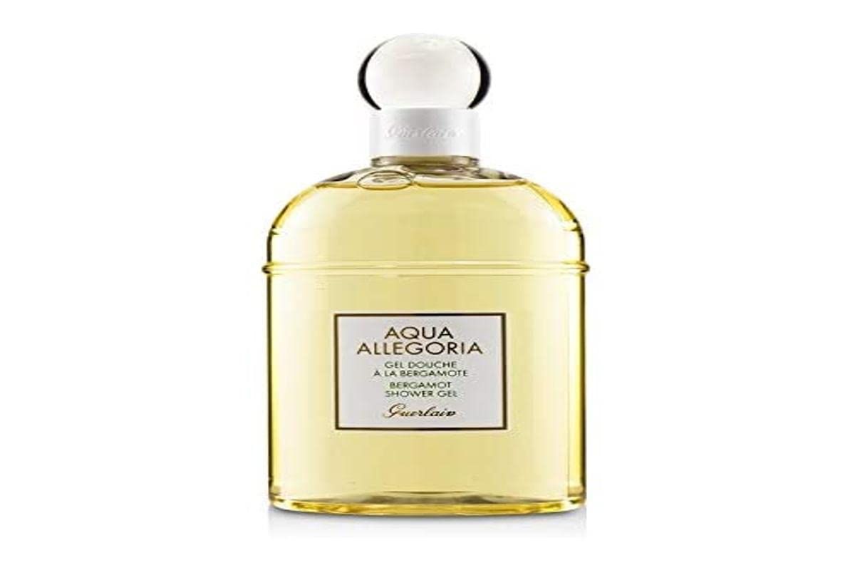 Flacone trasparente Aqua Allegoria Bergamote. Tappo bianco. Etichetta bianca con nome prodotto e logo.