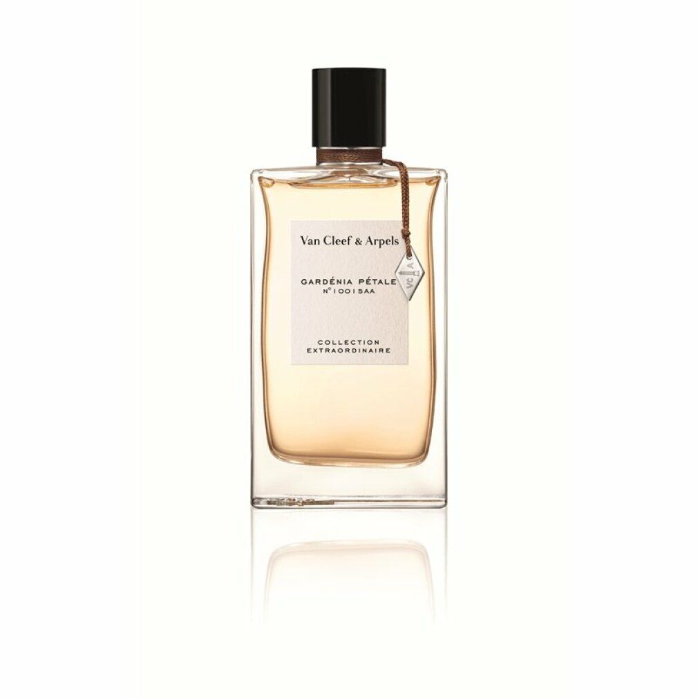 Flacone di profumo rettangolare con nastro marrone e ciondolo. Trasparente, liquido dorato. Tappo nero. Testo: Van Cleef & Arpels, Gardenia Pétale.