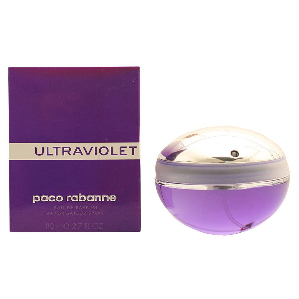 Flacone e scatola viola. Sulla scatola "ULTRAVIOLET" e "paco rabanne". Flacone rotondo.