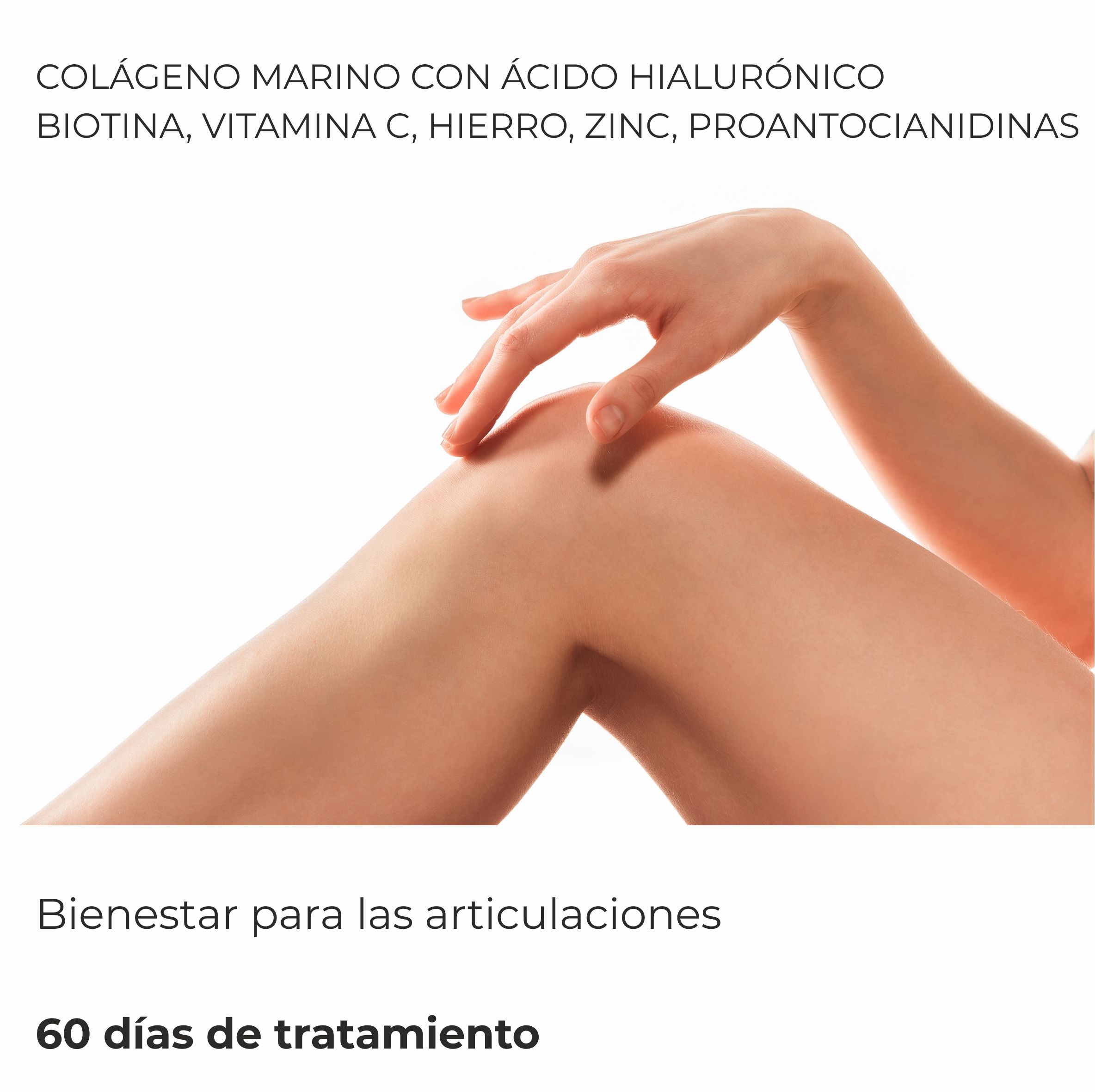 Gamba con ginocchio. Testo: Colágeno Marino con Ácido Hialurónico, Biotina, Vitamina C, Hierro, Zinc, Proantocianidinas. Benessere per le articolazioni. 60 giorni.