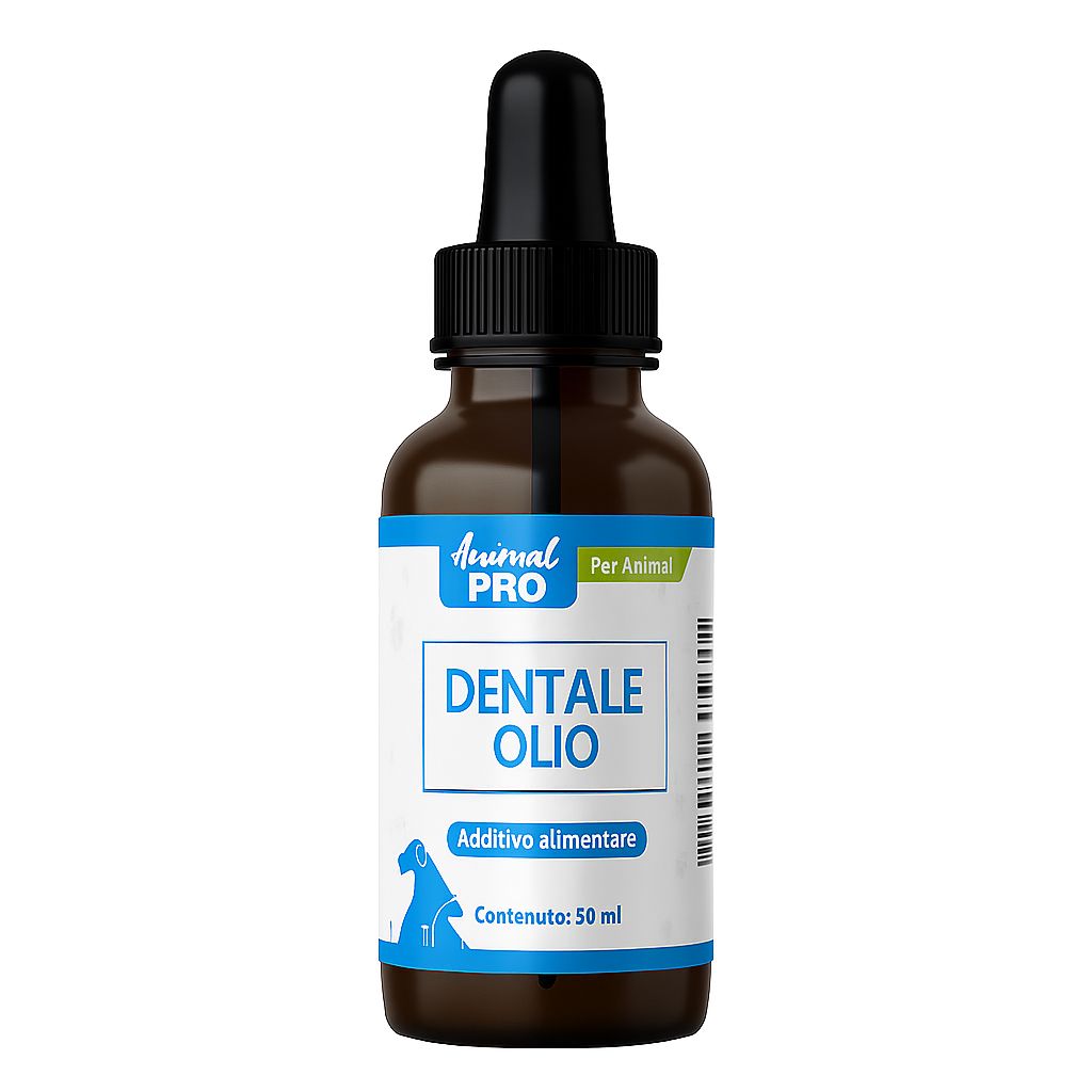 Flacone di vetro marrone con contagocce nero. Etichetta "Animal Pro" e "DENTALE OLIO".