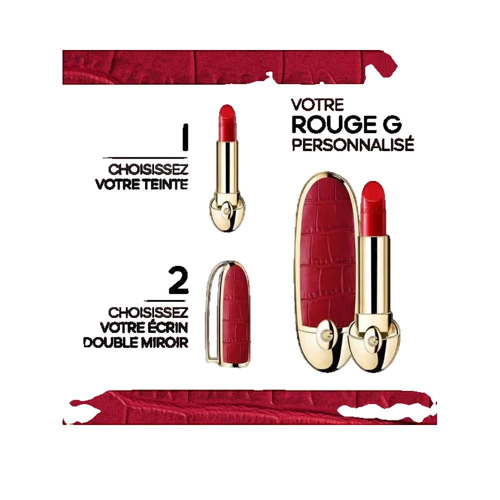 Rossetto e custodia in similpelle rossa. Testo: 'VOTRE ROUGE G PERSONNALISÉ'.
