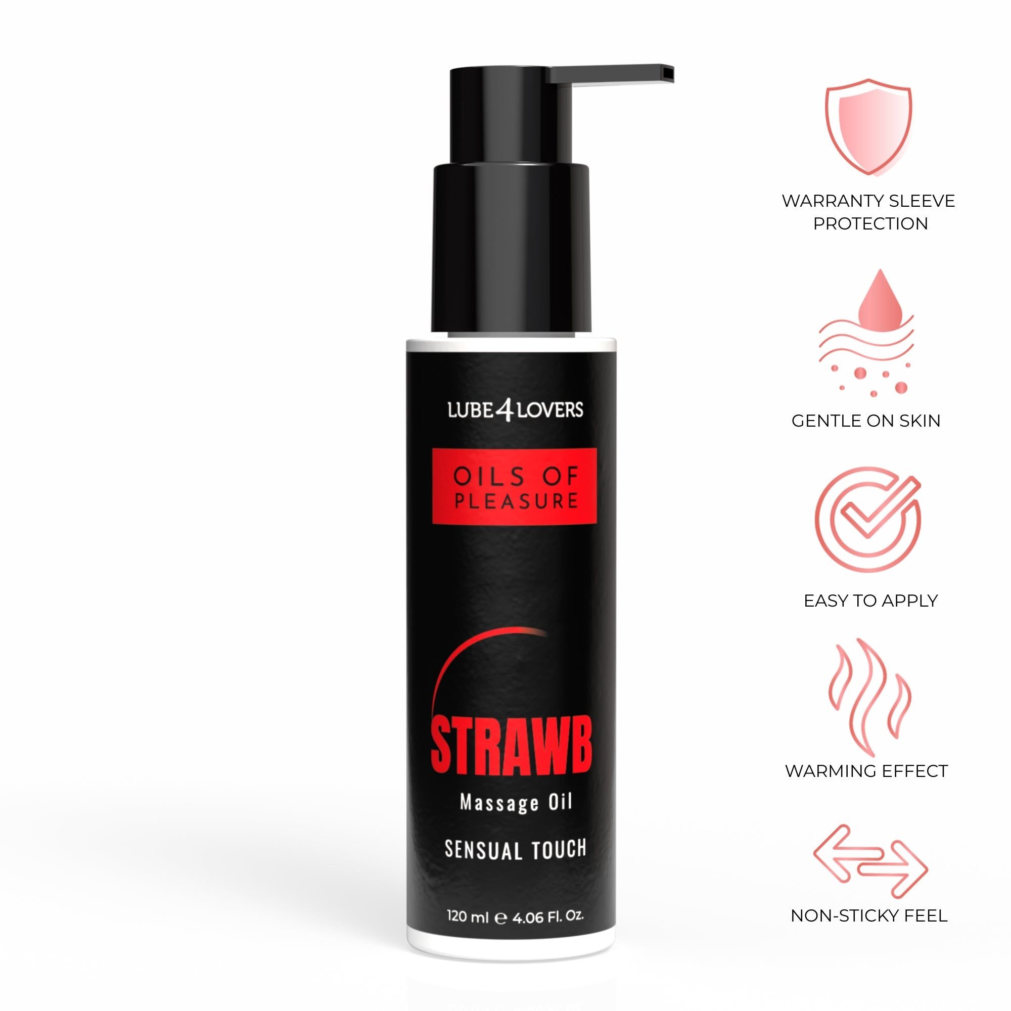 Flacone nero con dosatore. Scritte: Lube 4 Lovers, Oils of Pleasure, Strawb Massage Oil, Sensual Touch. Simboli aggiuntivi.